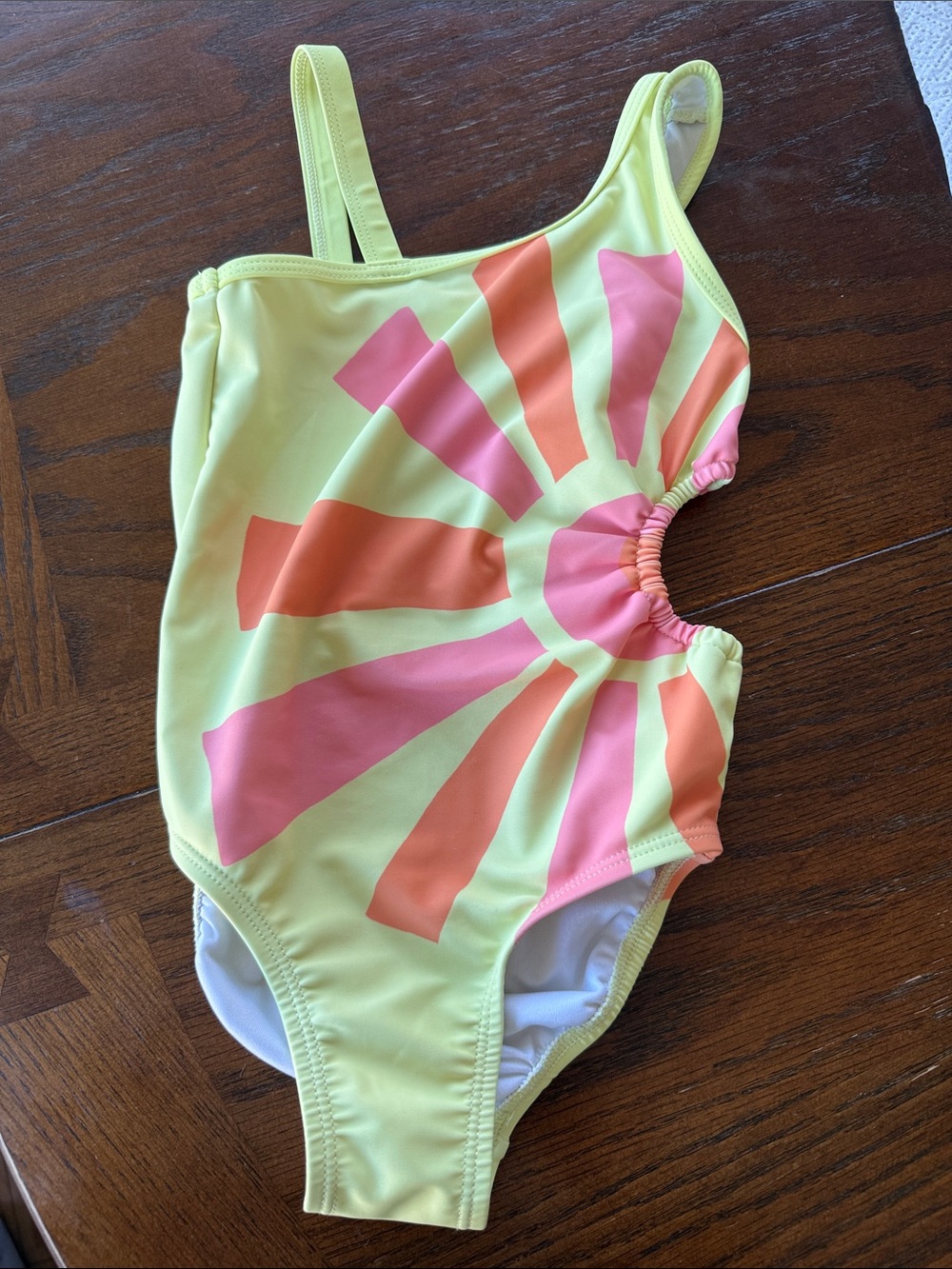Old Navy Neon Yellow One-Piece Swimsuit with Pink & Orange Sunburst